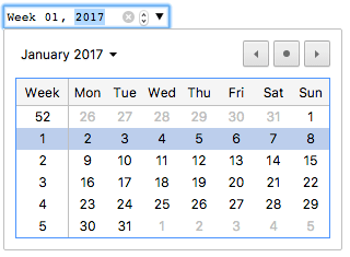 Поле введення, у котрому видно 'week 01, 2017'. Фон 2017 такий же синій, як і фокусне кільце. У полі введення є 3 піктограми: x – очистити, дзиґа з малими стрілками вгору і вниз, і більша стрілка вниз. Календар з'являється під полем введення, встановлений на січень 2017 року. Перший стовпчик календаря - тиждень: 52, 1, 2, 3, 4, 5. Повний календар місяця знаходиться праворуч від нього. Виділено рядок з тижнем 1 і датами з 2 по 8 січня. На тому ж рядку, що і місяць, є кнопки для переходу вправо і вліво – для наступних і попередніх місяців.